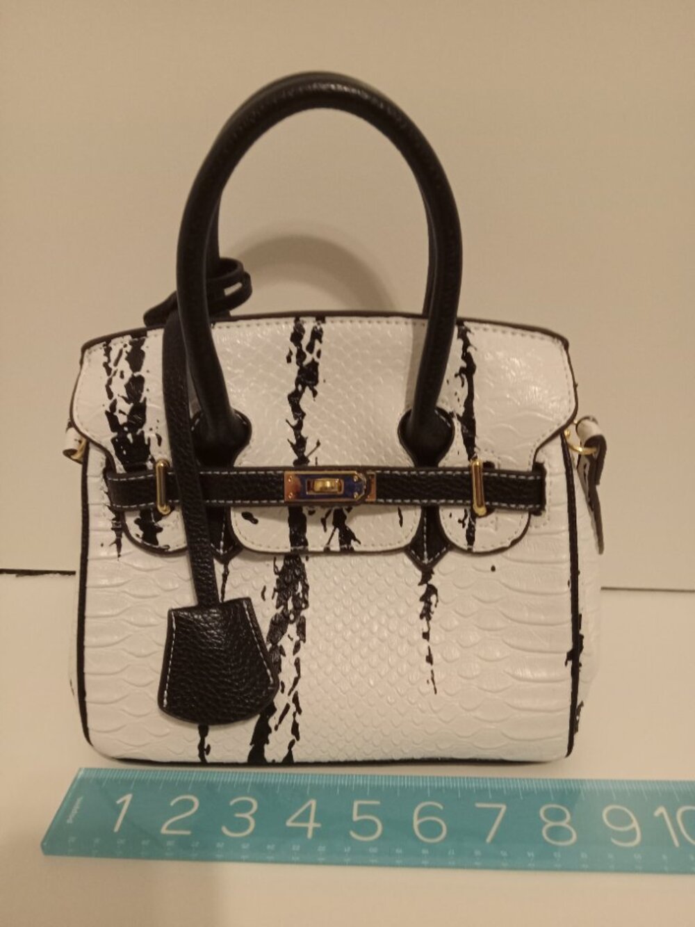 Birkin-inspired black & white croc-embossed handbag